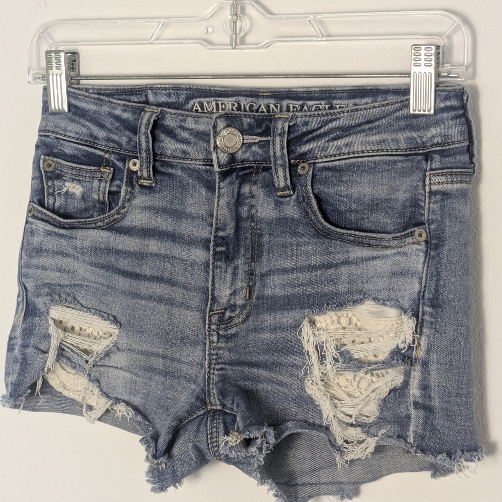 American Eagle Hi Rise Shortie Shorts 0 Distressed Next Level Stretch Women Lace - Picture 6 of 16